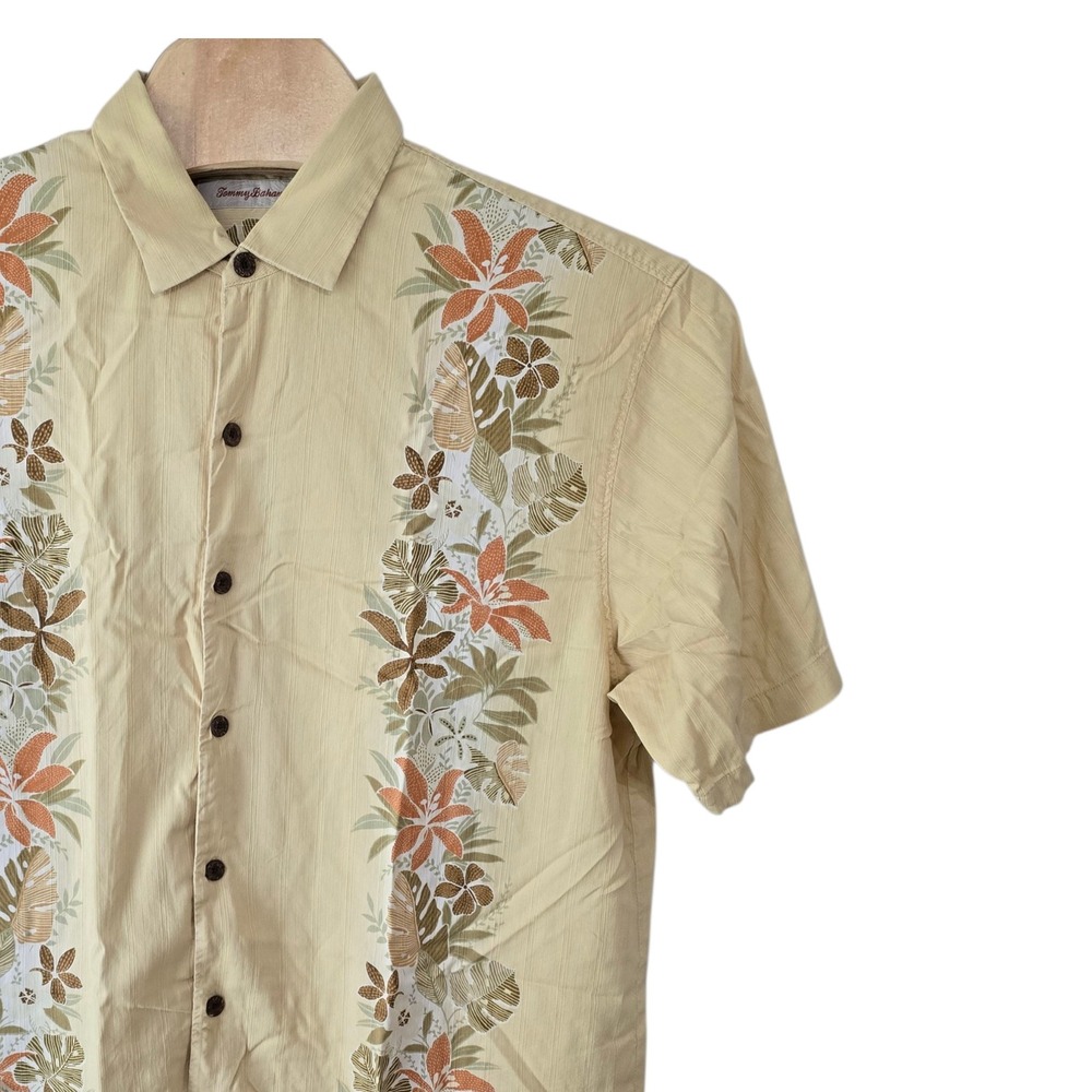 Tommy Bahama Mens XL Yellow Floral Panel Short Sleeve Silk Blend Camp Shirt
